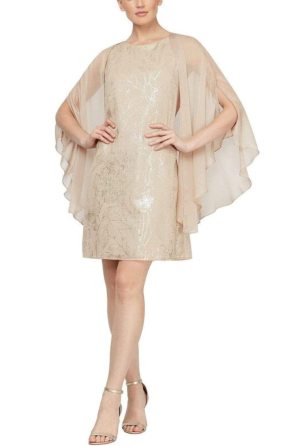 SLNY Metallic Chiffon Capelet Short Evening Dress (PLUS SIZE)