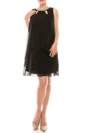 SLNY Steel Layered Shift Dress with Faux Pearl Cutout Detail