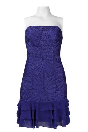 Sue Wong Strapless All Over Ribbon Appliqué Ruffled Hem Lace Dress