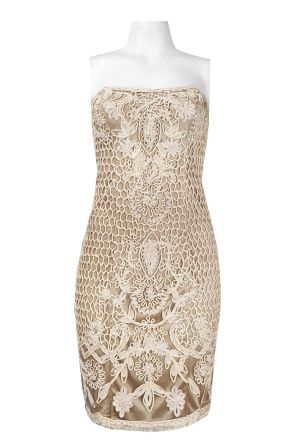 Sue Wong Strapless Mid Cut Back All Over Embroidery Scalloped Mesh Dress