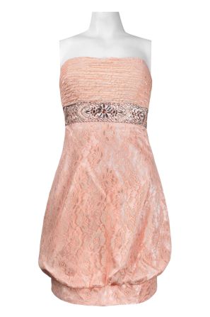 Sue Wong Ruched Strapless Embellished Empire Balloon Bottom Lace Dress