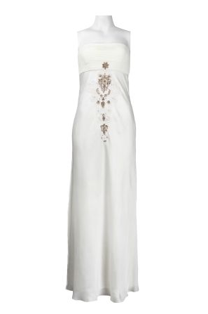 Sue Wong Strapless Pleated Front Embellished Full Length Satin Dress