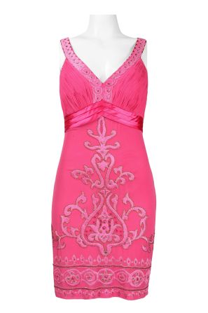 Sue Wong V-Strap Ruched Bust Satin Trim Embroidered Chiffon Dress