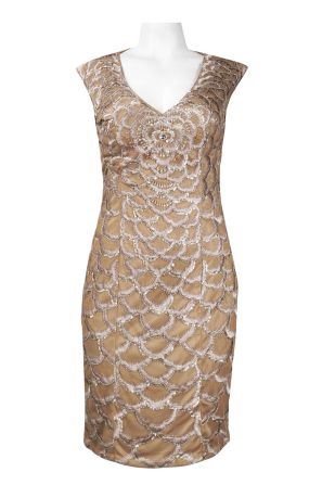 Sue Wong Cap Sleeve Embroidered Scallop Pattern Open Back Mesh Dress