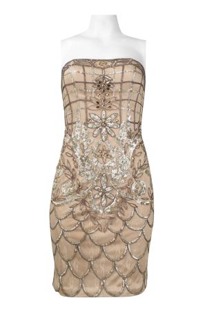 Sue Wong Strapless Sequined Scallop and Floral Pattern Lace Sheath Dress