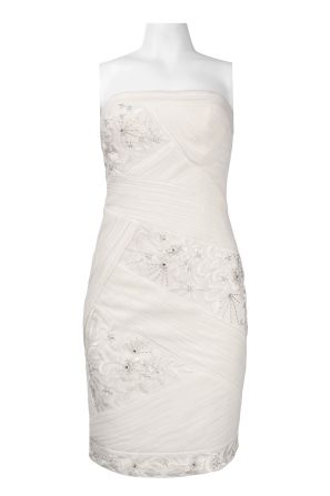 Sue Wong Strapless Asymmetrical Ruched Chiffon Embroidered Floral Mesh Dress