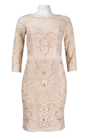 Sue Wong Quarter Length Sleeve Illusion Bodice Swirl Embellished Lace Dress