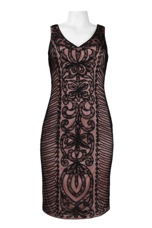 Sue Wong V-Cut Neckline Embellished Swirl Pattern Mesh Overlay Dress