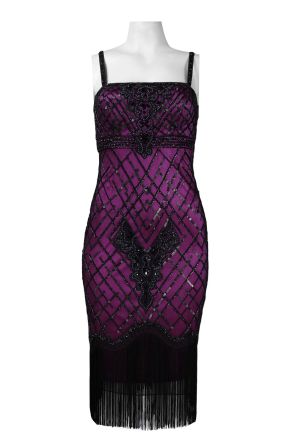 Sue Wong Square Neck Bead and Sequin Empire Mesh Dress with Fringe Detail