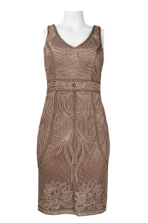Sue Wong V-Neckline Embroidered Swirl Pattern Sequin and Bead Detail Mesh Dress