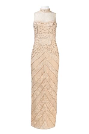 Sue Wong Turtle Neckline Bead and Ribbon Detail Long Lace Dress