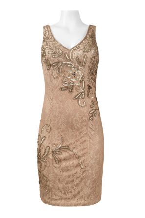 Sue Wong V-Neck Sleeveless Bodycon Bead and Sequined Lace Dress