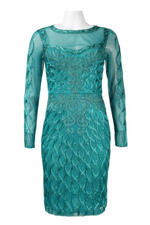 Sue Wong Crew Neck Long Sleeve Embroidered Open Back Banded Waist Mesh Dress