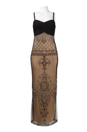 Sue Wong Spaghetti Strap Ruched Bodice Bead and Sequin Mesh Dress