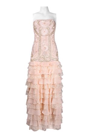 Sue Wong Strapless Ornate Appliqué Layered Chiffon and Lace Full Length Dress