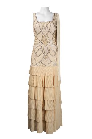 Sue Wong Sequin and Embroidered Bodice Layered Ruffle Mesh Dress with Shoulder Detail