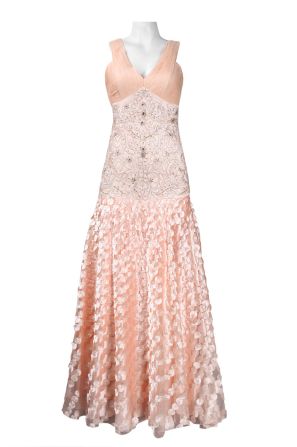 Sue Wong Ruched Bust Embroidered Bodice Ribbon Detail Satin and Mesh Dress