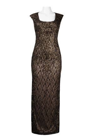 Sue Wong Square Neckline Beaded Pattern Floral Lace Overlay Dress