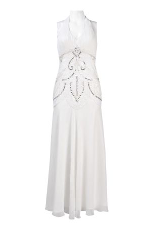 Sue Wong Halter Neckline Ruched Front Beaded Chiffon Dress