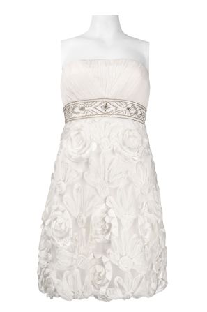 Sue Wong Strapless Ruched Bust Beaded Waist Floral Appliqué Mesh Cocktail Dress