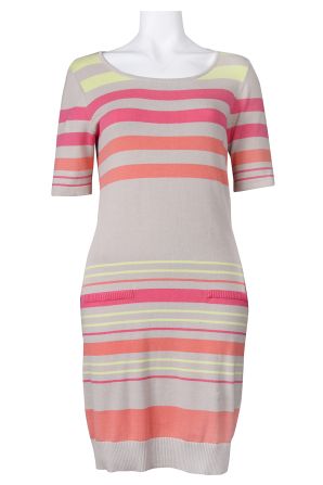Tahari Half Sleeve Multi Stripe Print Cotton Knit Dress