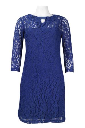 Taylor 3/4 Sleeve Keyhole Pleated Neckline Floral Cotton Lace Overlay Dress