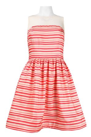 Taylor Sleeveless Illusion Neckline Zip Closure Striped Fit and Flare Shantung Dress