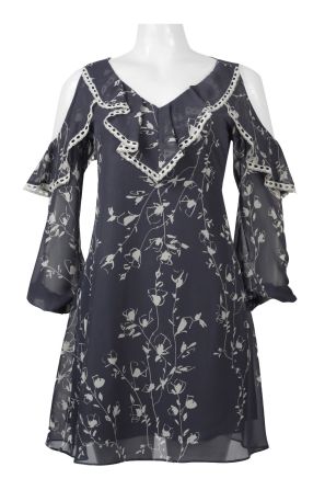 Taylor V-Neck Cutout Shoulder Ruffled Long Sleeve Multi Print Chiffon Dress