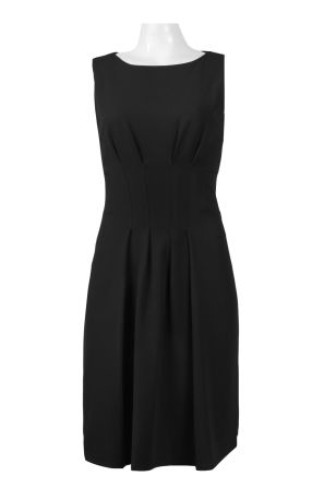 Taylor Boat Neck Sleeveless Zipper Back Pleated Solid Stretch Crepe Dress