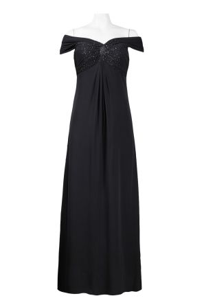 Theia Off Shoulder Baded Bodice Ankle Length Silk Chiffon Dress
