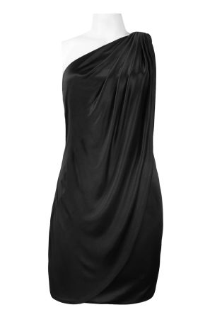 Theia Asymmetric Shoulder Waist Detail Jersey Satin Draped Dress