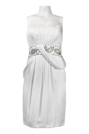 Theia Asymmetrical Shoulder Beaded Waist Silk Satin Short Dress