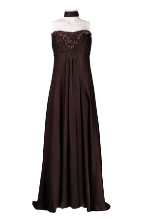 Theia Strapless Feather Embroidered Front Satin Faced Silk Dress with Shawl