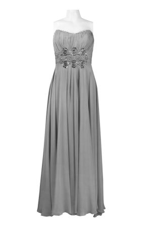 Theia Strapless Embroidered Inset Ruched Empire Waist Silk Chiffon Dress