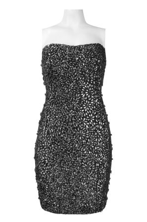 Theia Strapless All Over Rhinestone and Bead Detail Mesh Dress