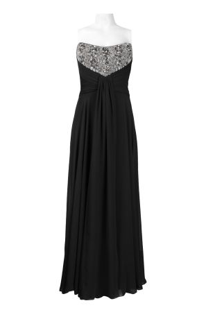 Theia Strapless Sequin and Pearl Beat Front Detail Silk Chiffon Dress