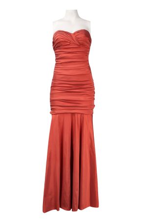 Theia Strapless Pleated Front Ruched Stretch Tafetta Mermaid Dress
