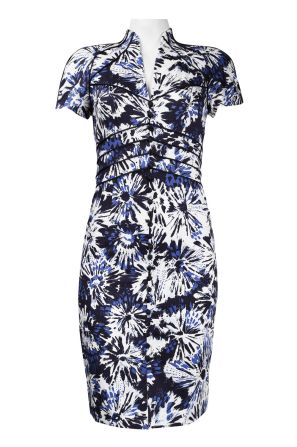Theia Short Sleeve Piping Detail Floral Pattern Cotton Sheath Dress 