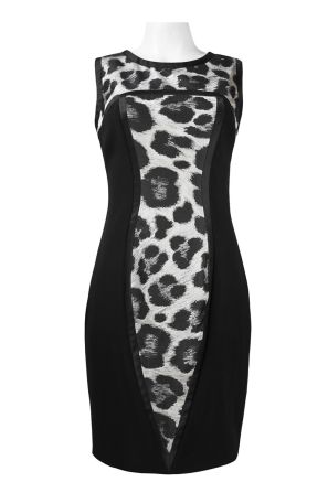 Theia Sleeveless V-Cut Back Leopard Panel Ponte Sheath Dress