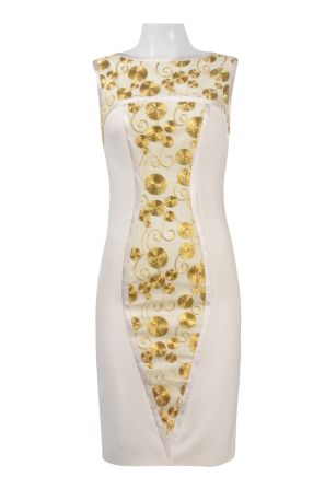 Theia Boat Neck Sleeveless Zipper Back Embroidered Crepe Dress