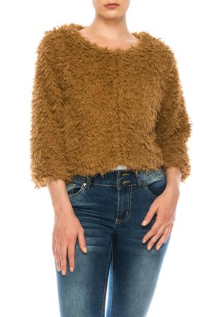 TM Collections Round Neckline Brown Faux Fur Cropped Jacket