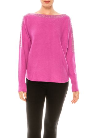 Vila Milano Berry Alis Boat Neck Rounded Hem Knit Top with Rhinestone Detail