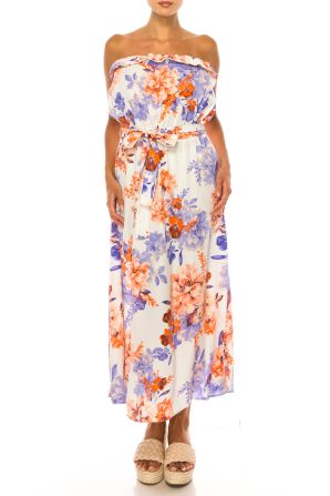 Vivid Floral Belted A-Line Strapless Maxi Dress