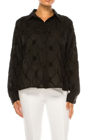 Vivid Long Sleeve Ribbon Applique Button Down Top