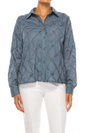 Vivid Long Sleeve Ribbon Applique Button Down Top