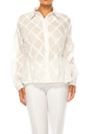 Vivid Long Sleeve Ribbon Applique Button Down Top