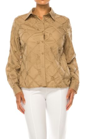 Vivid Long Sleeve Ribbon Applique Button Down Top