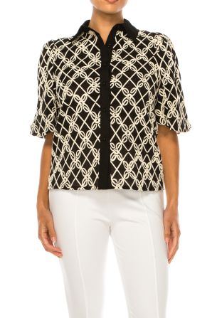 Vivid Button Down Macrame Loop Puff Sleeve Top