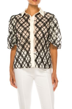 Vivid Button Down Macrame Loop Puff Sleeve Top