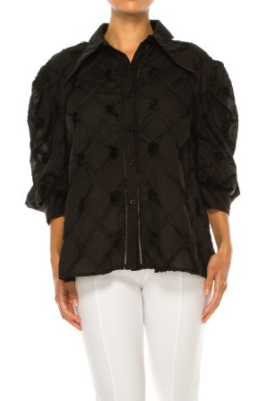Vivid Puff Sleeve Ribbon Applique Button Down Top
